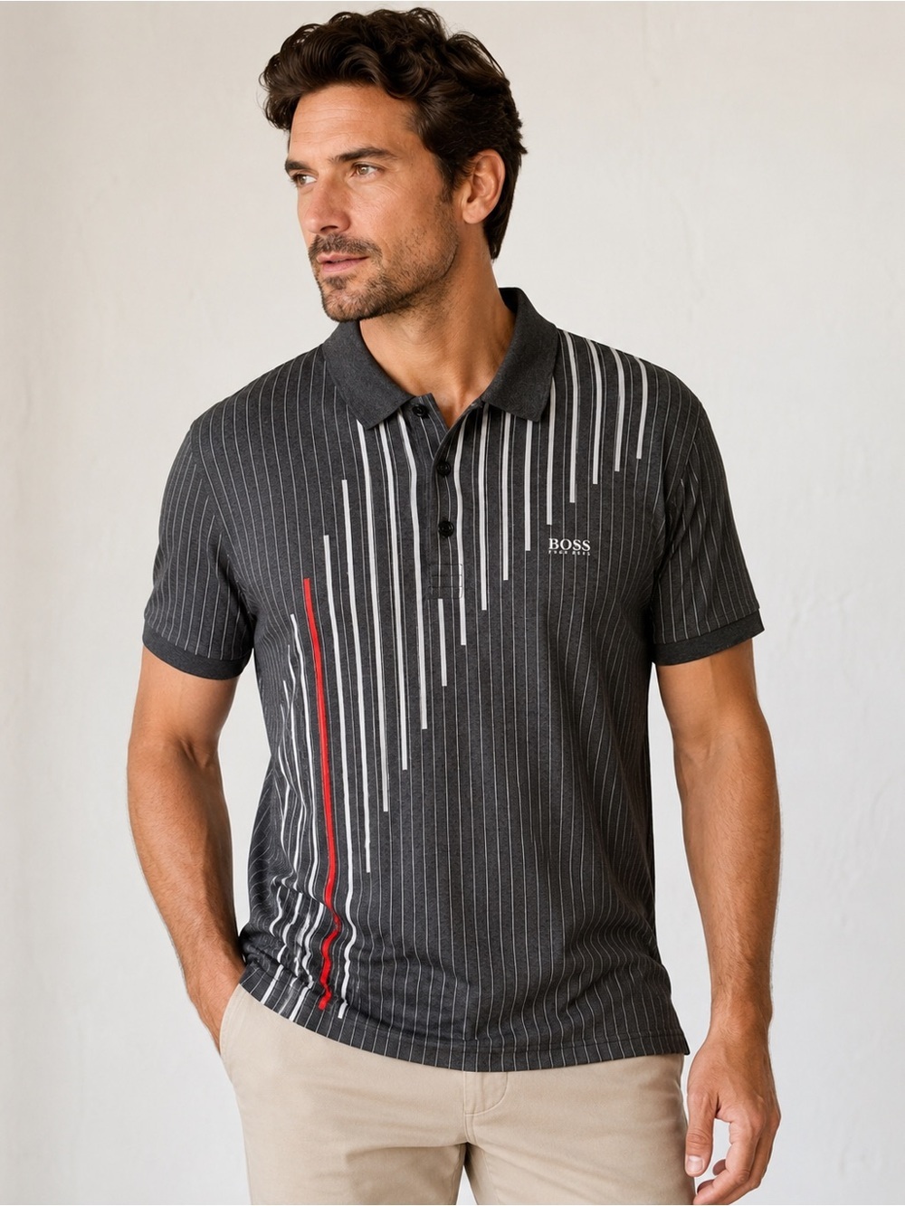 Hugo Boss Green Label Paddy 2 Polo Gray White & Red Accents Size XL Luxury